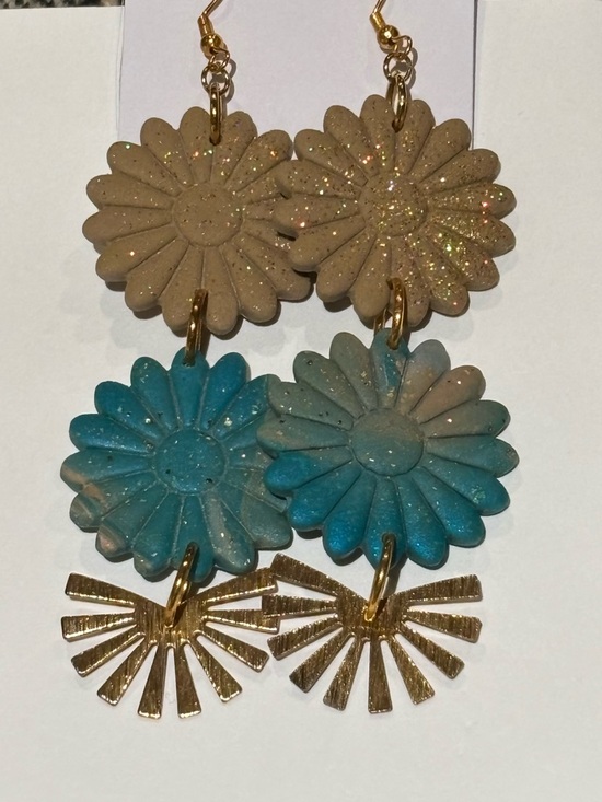 Jewelry - Gold and Blue Floral Dangle Earrings
